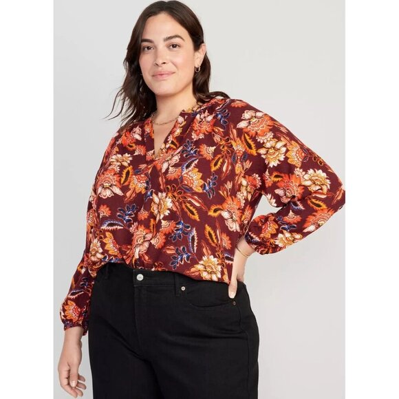 Old Navy Split Neck Blouse Top Women Plus 3X Orange Brown Floral Peasant Cottage - Picture 2 of 8